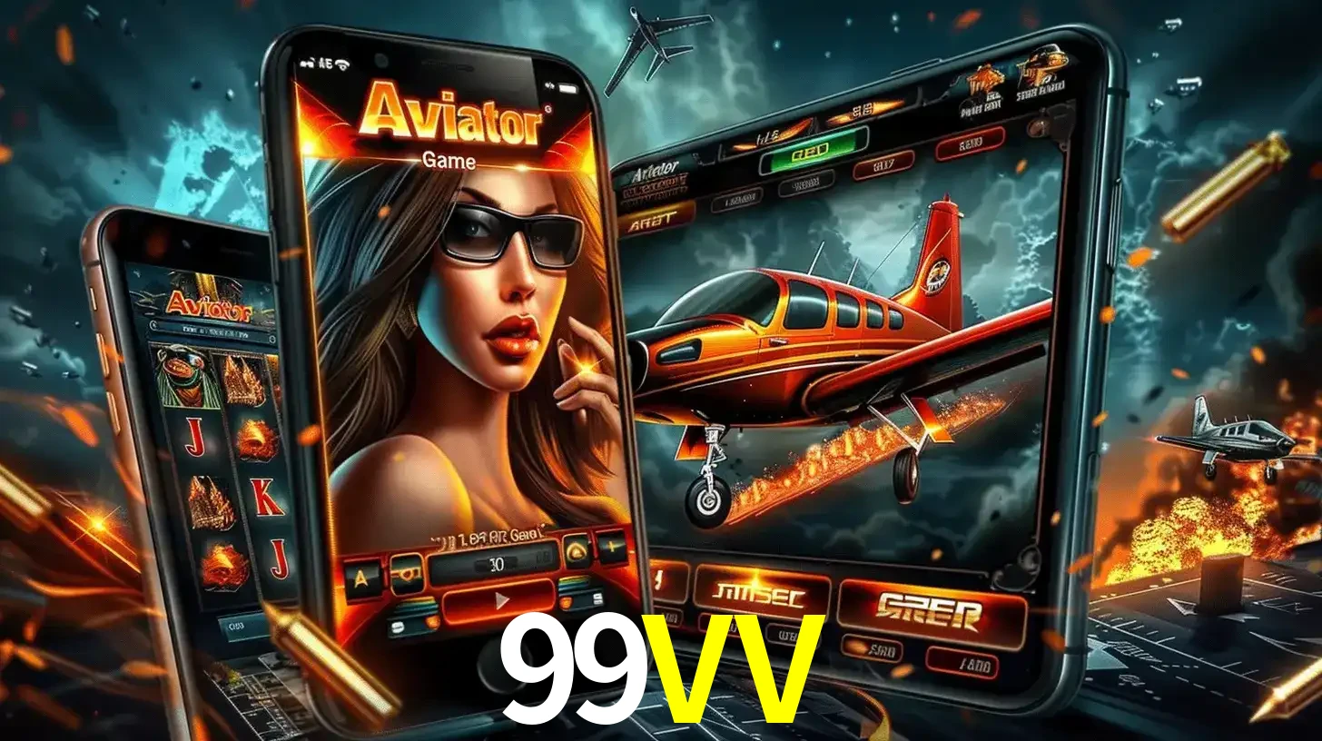 O popular jogo de apostas Aviator exibido em vários celulares e tablets, mostrando a interface emocionante e a ação de voo disponíveis para jogar agora no 99VV.