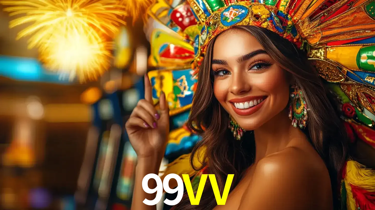 Mulher sorridente com um cocar de carnaval vibrante e colorido, celebrando uma grande vitória nos jogos do cassino 99VV com fogos de artifício ao fundo.