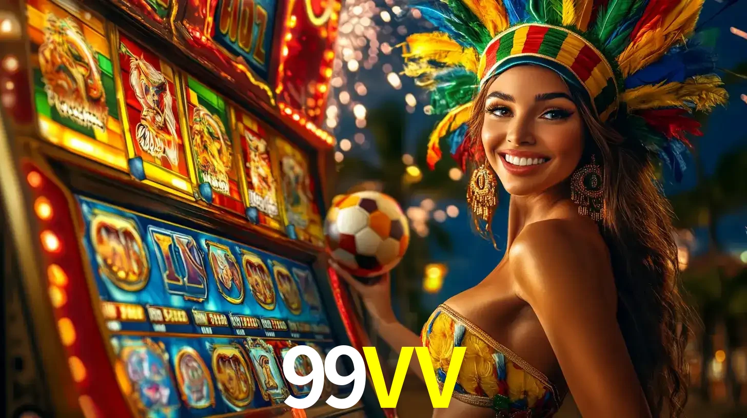 Mulher com um cocar de carnaval ao lado de uma máquina de caça-níqueis enquanto segura uma bola de futebol, mostrando a união da diversão de cassino e esportes no 99VV.