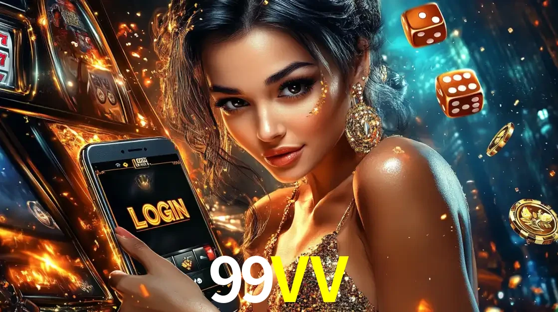 Mulher glamourosa segurando um celular com a tela de login do cassino 99VV, rodeada por dados e moedas douradas, pronta para começar a diversão.