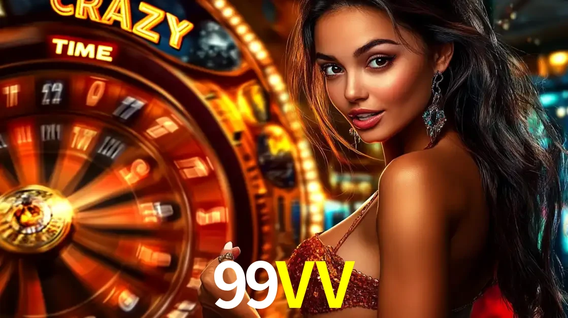 Mulher ao lado da roda de prêmios do jogo de cassino ao vivo Crazy Time, um dos shows de jogos mais emocionantes oferecidos pela plataforma de apostas 99VV.