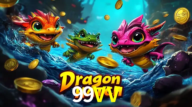 Arte promocional do jogo Dragon Hatch com três adoráveis dragões bebês nadando entre moedas de ouro, um dos slots mais divertidos para jogar no cassino 99VV.