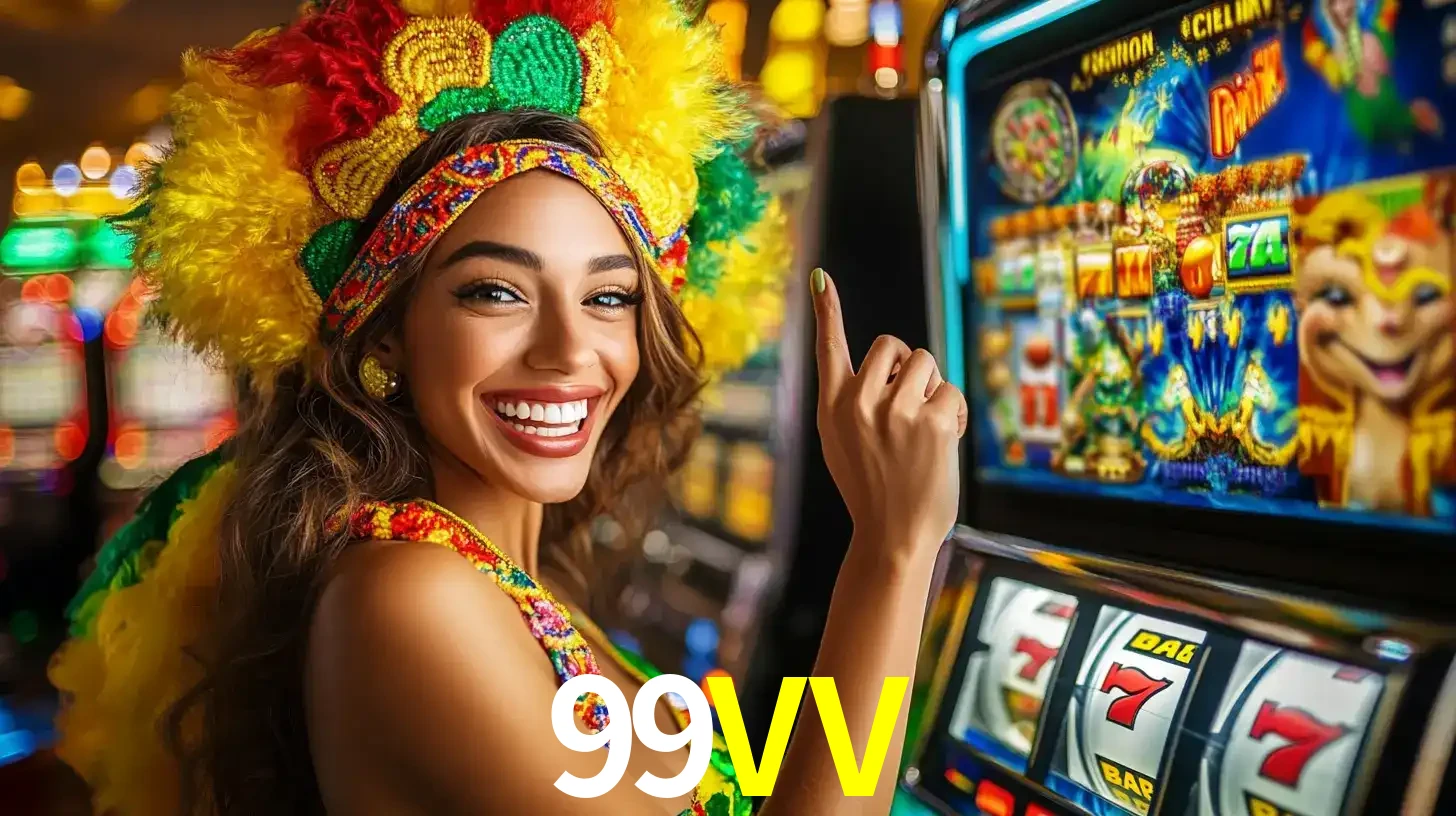 Mulher animada com um cocar de carnaval apontando para uma máquina de caça-níqueis, mostrando a emoção de ganhar um grande prêmio nos jogos do 99VV.