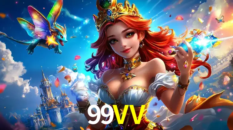 A princesa de um reino de fantasia mágico, com seu pequeno dragão, apresentando um mundo de prêmios encantados nos jogos de caça-níqueis do cassino 99VV.