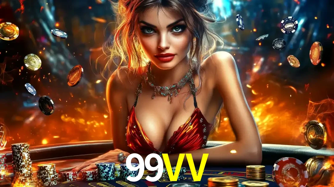 Mulher em uma mesa de cassino com pilhas de fichas e um fundo de fogo, pronta para uma rodada de altas apostas nos jogos de mesa emocionantes do cassino 99VV.